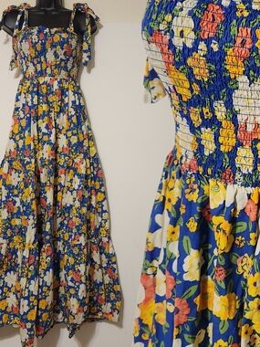 Flying Tomato 100% Cotton Vintage Repro Blue Floral Smocked Dress  Tie Straps